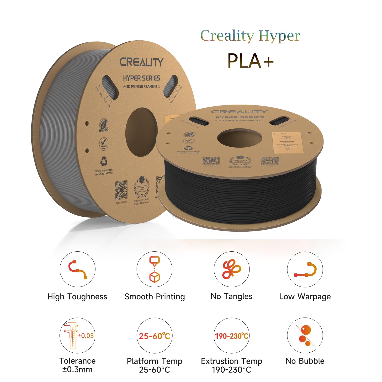 Filamento ufficiale Creality Hyper PLA da 1,75 mm, filamento per stampante 3D PLA ad alta velocità 30-600 mm/s, precisione dimensionale +/-0,02 mm, adatto per stampanti 3D FDM, 2 kg (1 kg*2) nero +