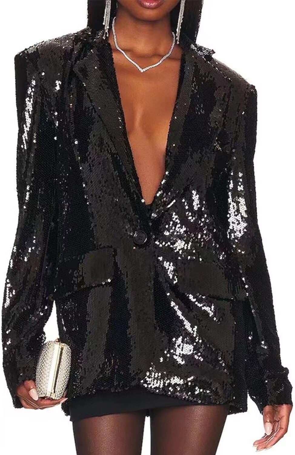 Women's Sequins Suit Blazer One Button Jacket Notch Lapel Coat for Party Bar
