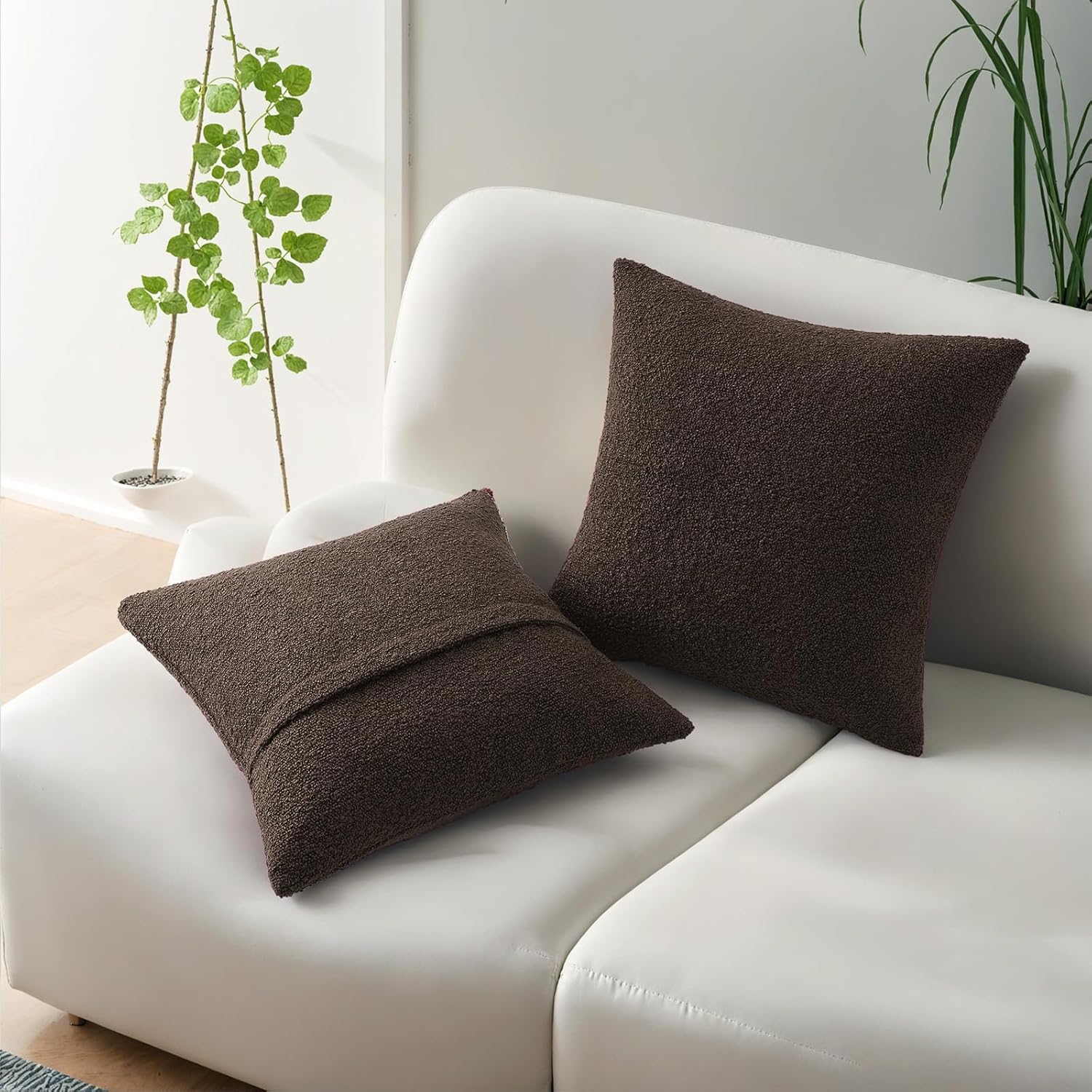 HAUSSY Set of 2 20x20 Decorative Throw Pillow Covers, Soft Cozy Textured Boucle Couch Cases, Home Decor for Couch Bed Living Room, Dark Coffee