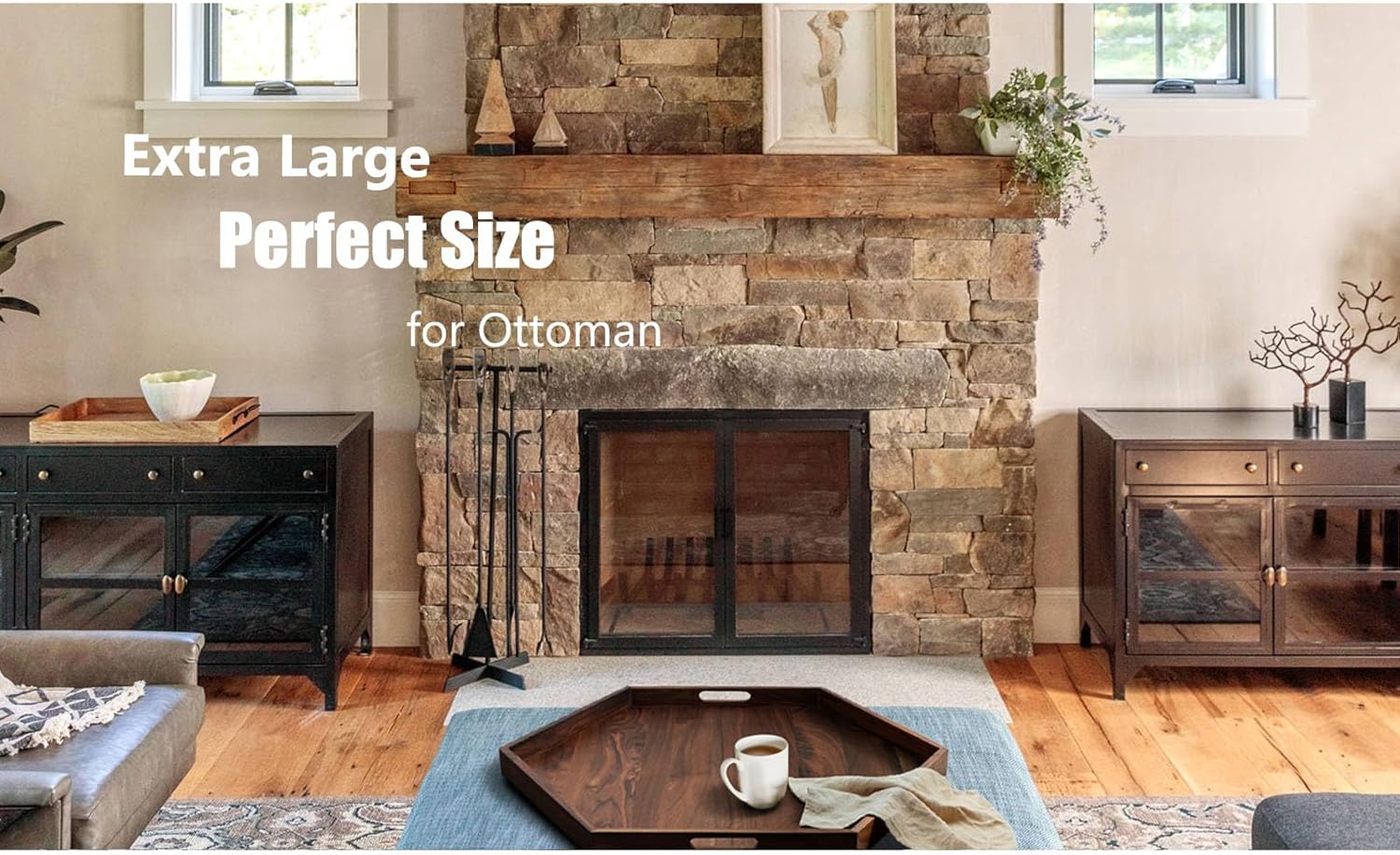 30 x 26 Inches Extra Large Hexagonal Black Walnut Wood Ottoman Tray with Handles, Serve Tea, Coffee, Classic Hexagon Wooden Decorative Serving Tray