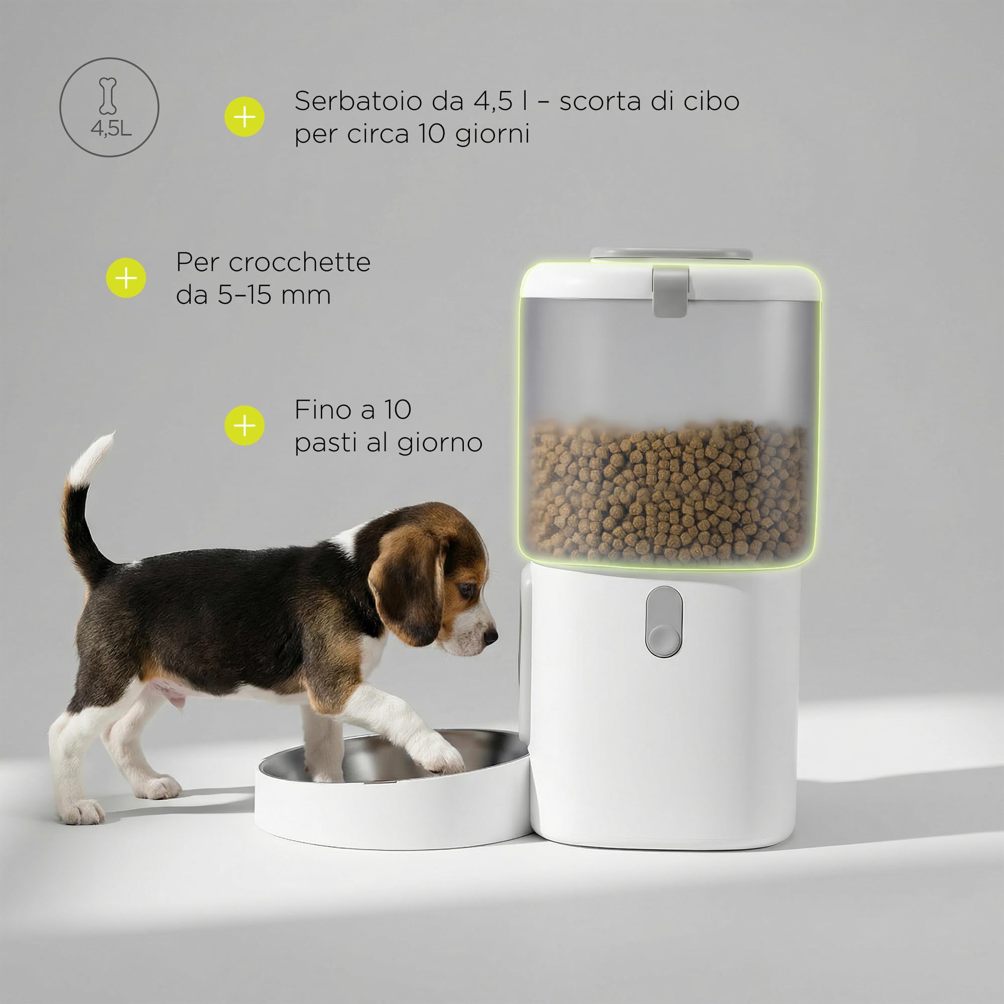 CRISPY WI-FI Distributore Automatico Cibo Cani e Gatti con WiFi e App, Capiente 4,5 L, Programmabile Timer e Porzioni, Registrazione Vocale, Ciotola in Acciaio Inox, Cavo e Batterie (Bianco) | Per Cani e Gatti, App, Timer e Porzioni Programmabili, Registr