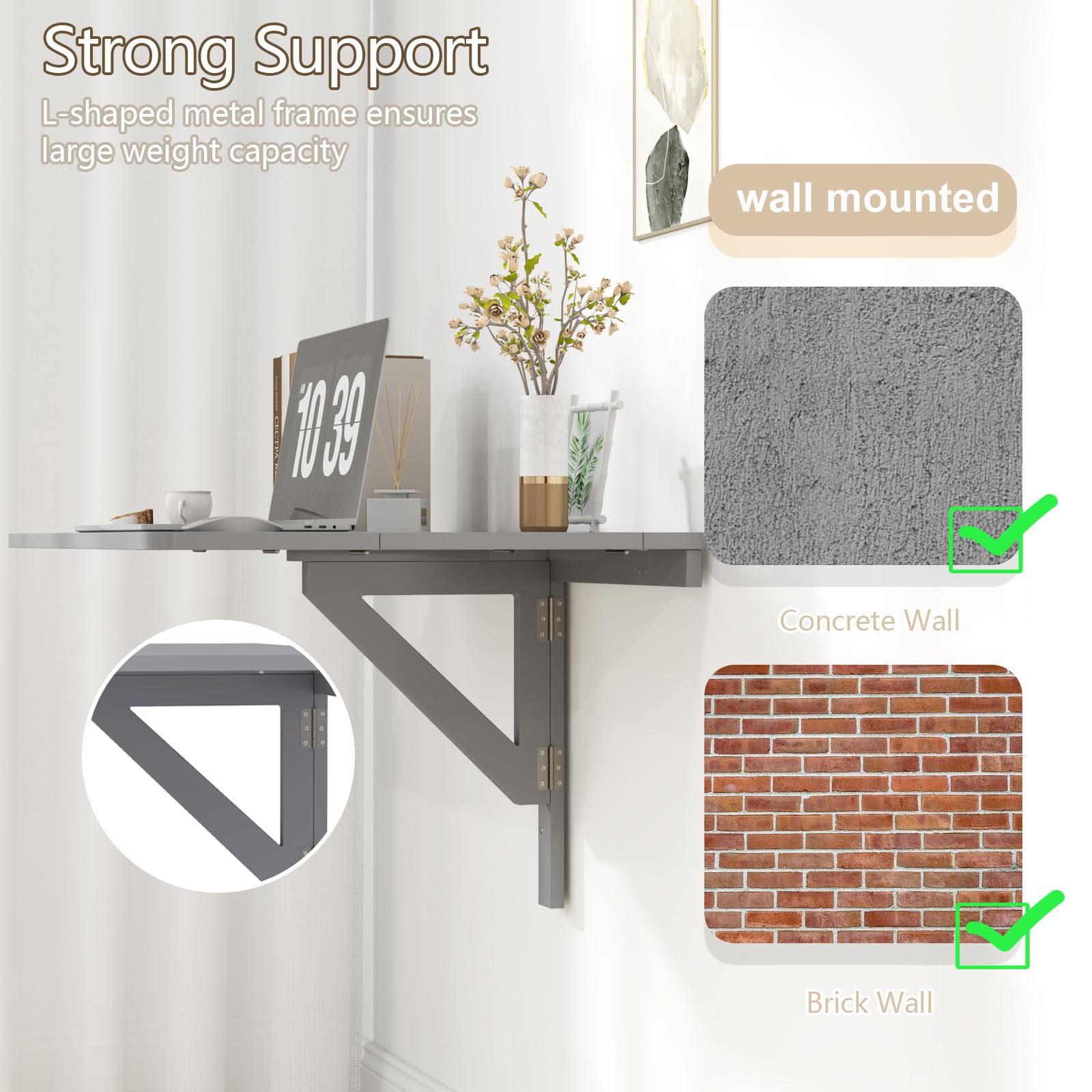 GIANTEX Wandklapptisch klein, Wandtisch Hängetisch Klappbar 80x60cm, Wandmontierter Klapptisch Esstisch, Schreibtisch Laptoptisch Wand platzsparend (Grau)