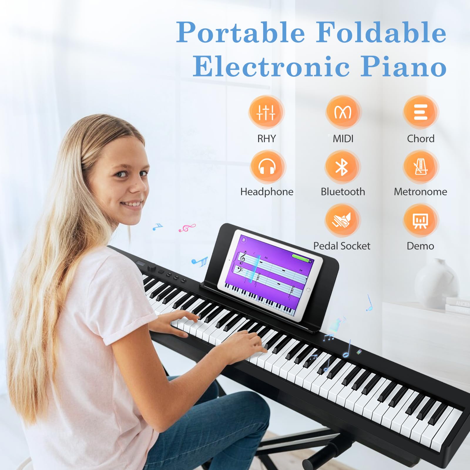 Pianoforte Digitale 88 Tasti semi-pesati, Pieghevole Digital Piano con Bluetooth e interfaccia MIDI, Semipesata Piano Elettroniche Fullsize per Principianti