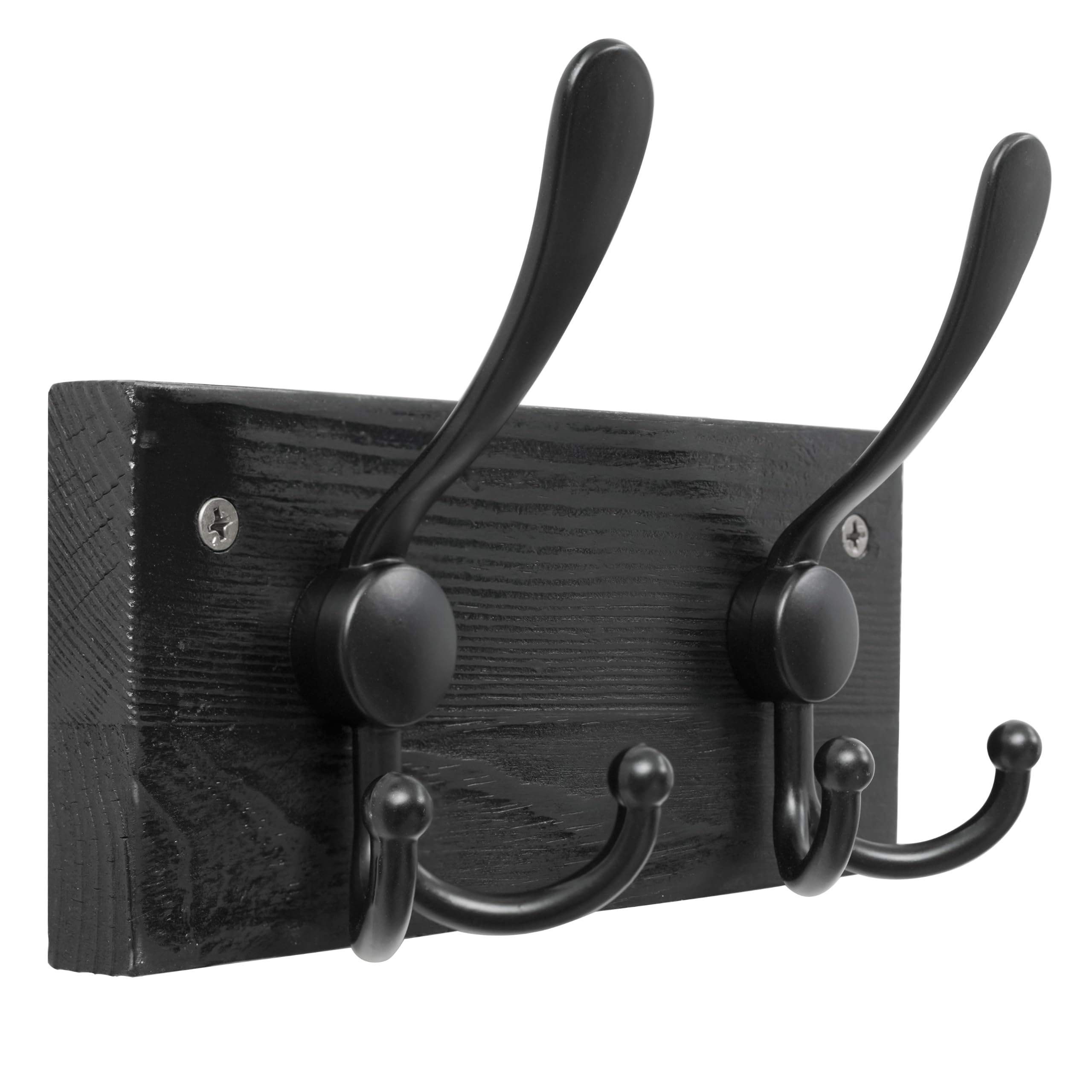 HONSKY Wall Mounted Coat Rack, Black Pine Wood Spliced Panel, 2 Black Triple Hooks(6 Hanging Points), Sturdy Wall Coat Hanger, Wooden Coat Hooks for Entryway Hallway Bedroom,Easy Install