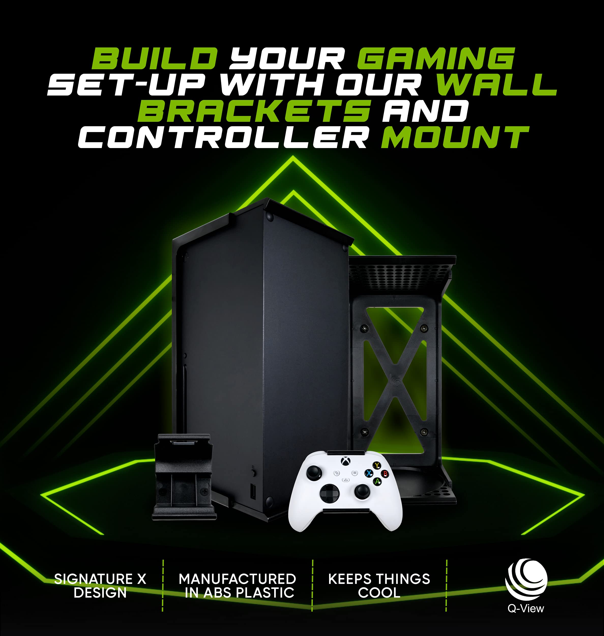 Q-View Q-View - Supporto da parete per Xbox Series X, con clip e controller da parete, design Signature X, prodotto nel Regno Unito, colore: nero