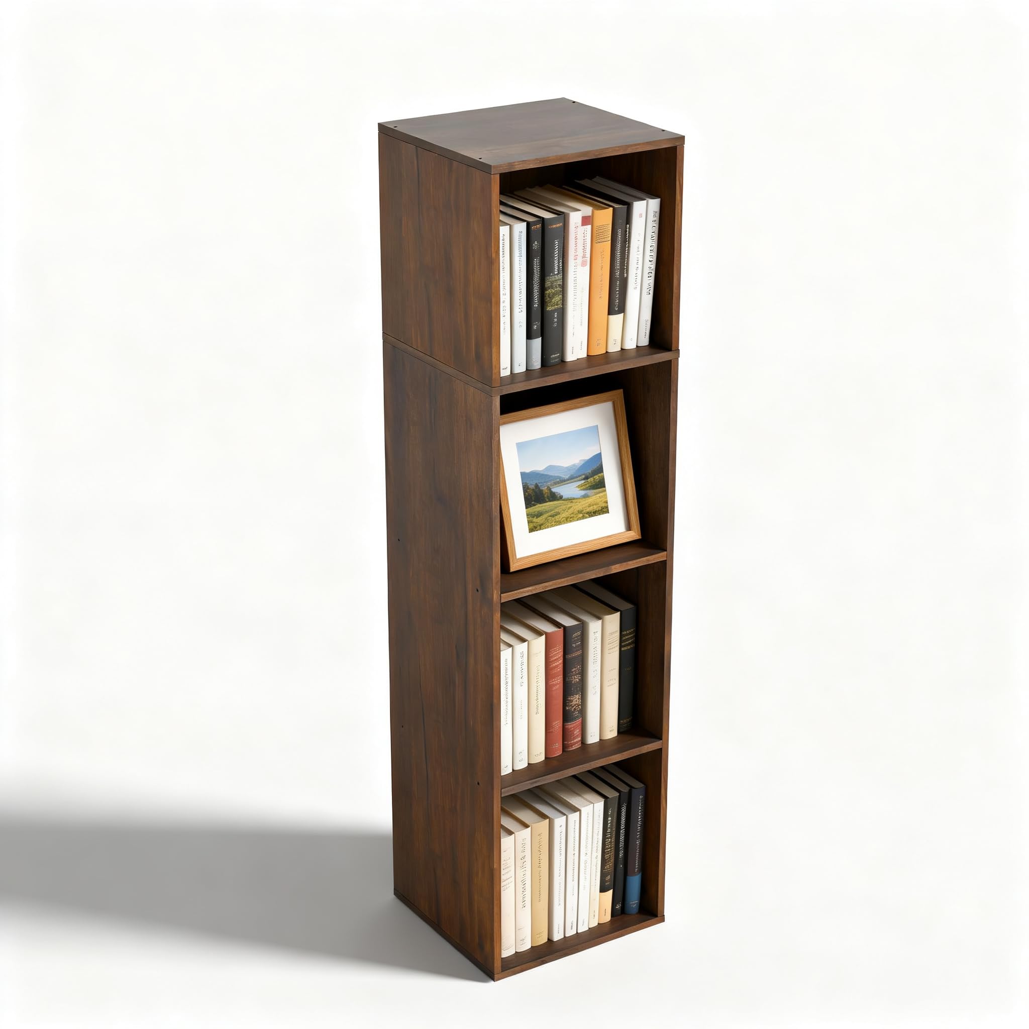 4cube storage organizer, 4 tier cube low bookcase freestanding storage display organizer, three-cubes open shelf bookshelf for home office (dark brown,black walnut, 4-cube)