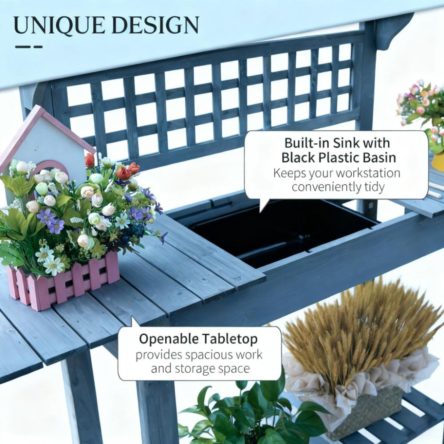 Wooden Workstation, Outdoor Potting Bench Table, with Sliding Tabletop, Storage Shelf and Dry Sink, for Greenhouse, Garden, Patio - Wood Grey