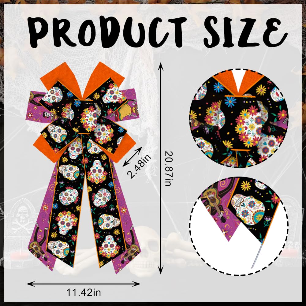 Threetols Large Day of The Dead Bow for Wreath, Sugar Skull Flower Wreath Bows Mexican Dia De Los Meurtos Orange Purple Black Bows for Front Door, Halloween Tree Bows for Mexican Ofrenda Party Supply