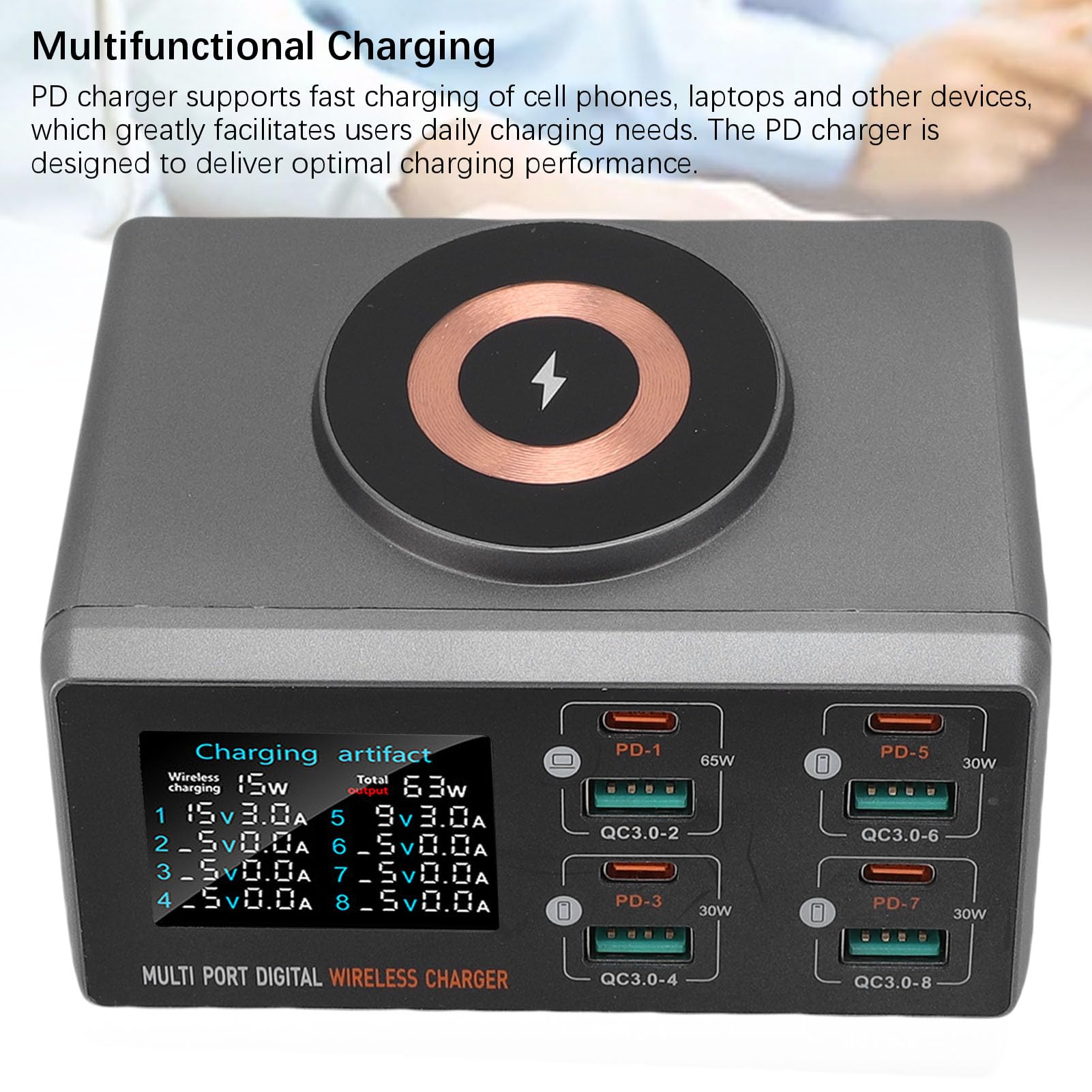 Luqeeg Ładowarka Stacjonarna 140 W, Ekran LCD PD Multi Port Ładowanie, Obsługuje Szybkie ładowanie dla 9 urządzeń W Tym Samym Czasie, 15 W Magnetyczne Bezprzewodowe Adapter ładowania ładowania