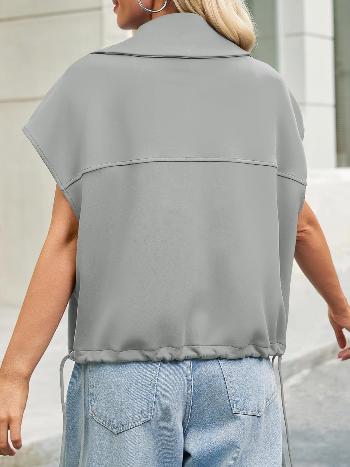 Cicy Bell Womens Fall Oversized Vest Cropped Button Down Cap Sleeve Lapel Collar Jackets Casual Drawstring Outerwear - Image 3