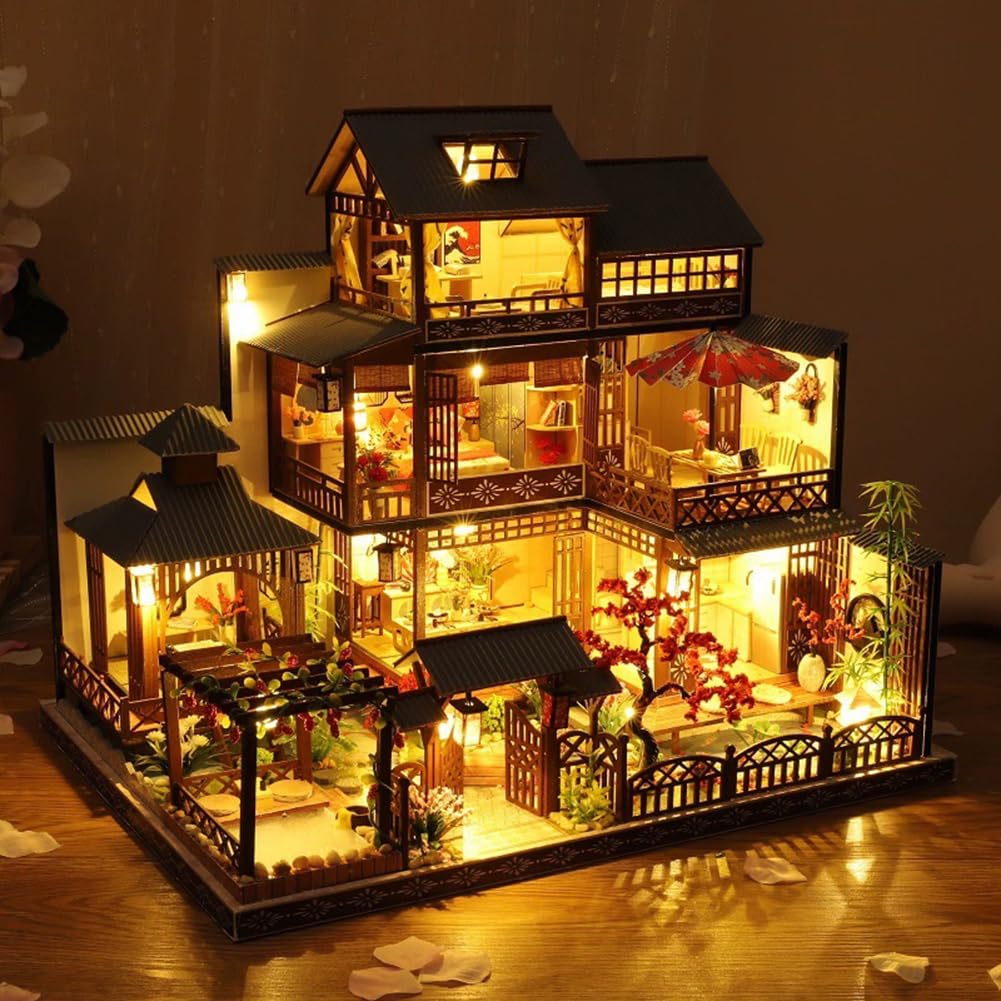 DIY Japanische Villa Szene Architekturmodell Kirschblüten Garten montiert Spielzeug Haus Musikhaus Kit mit Staubschutz 3D Puppenhaus Kreatives Geschenk