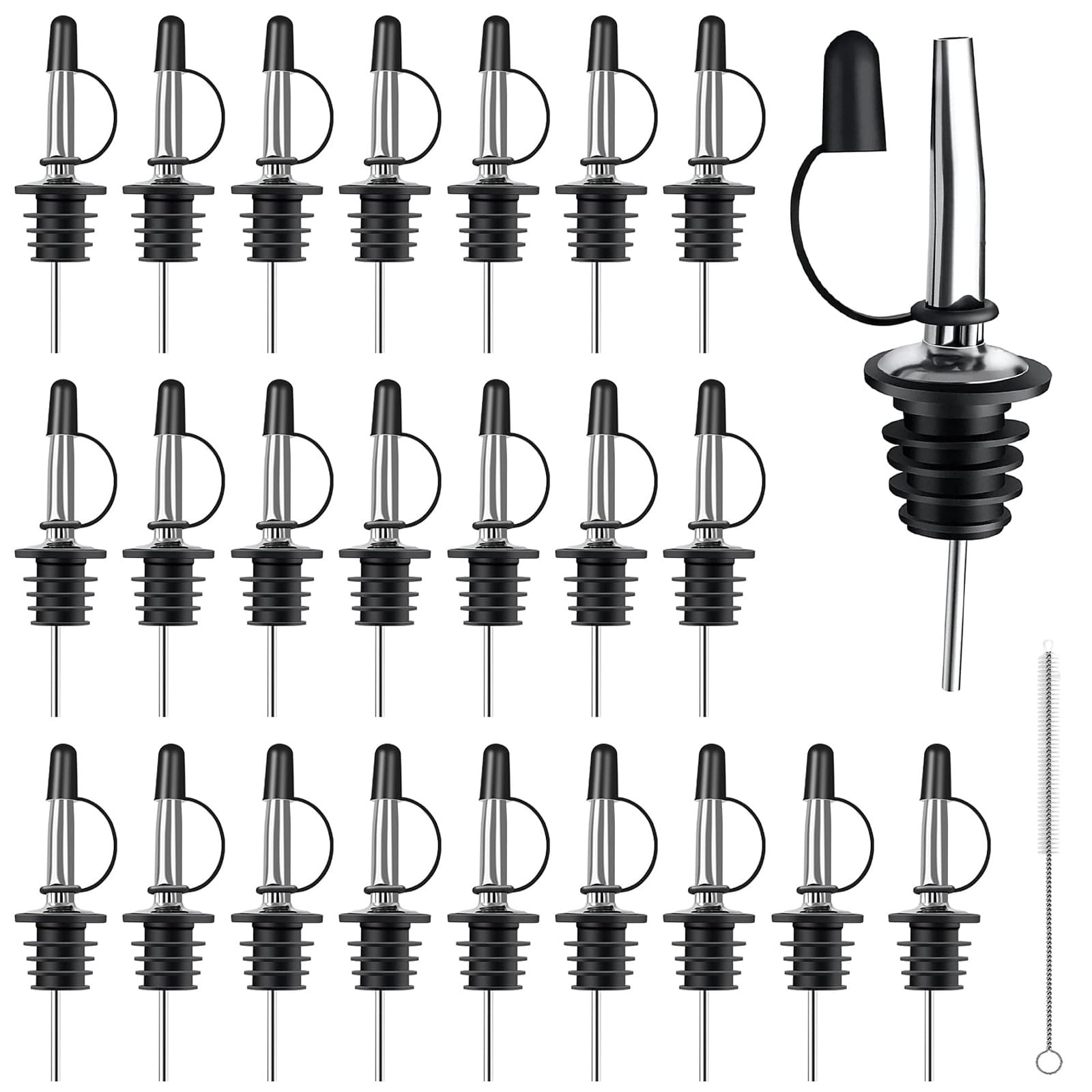 Rainpop Black 24Pcs Stainless Steel Bottle Pourers For Spirits With Dust Caps And Small Brush, Quick Pourer With Free Flow, Bottle Pourer For Alcohol, Wine, Liqueur And Olive Oil (Black 24Pcs)