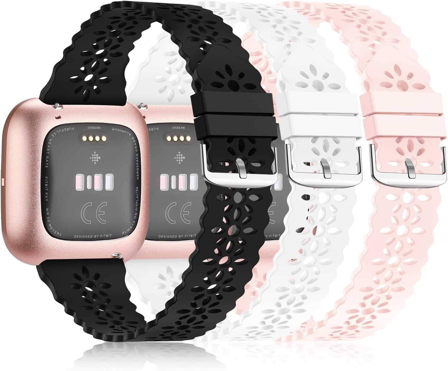 YAXIN 3 Pack Slim Sport Bands Compatible with Fitbit Versa/Versa 2/Versa Lite for Women,Soft Silicone Lace Replacement Wristbands for Fitbit Smart Watch,Black/White/Pink Sand