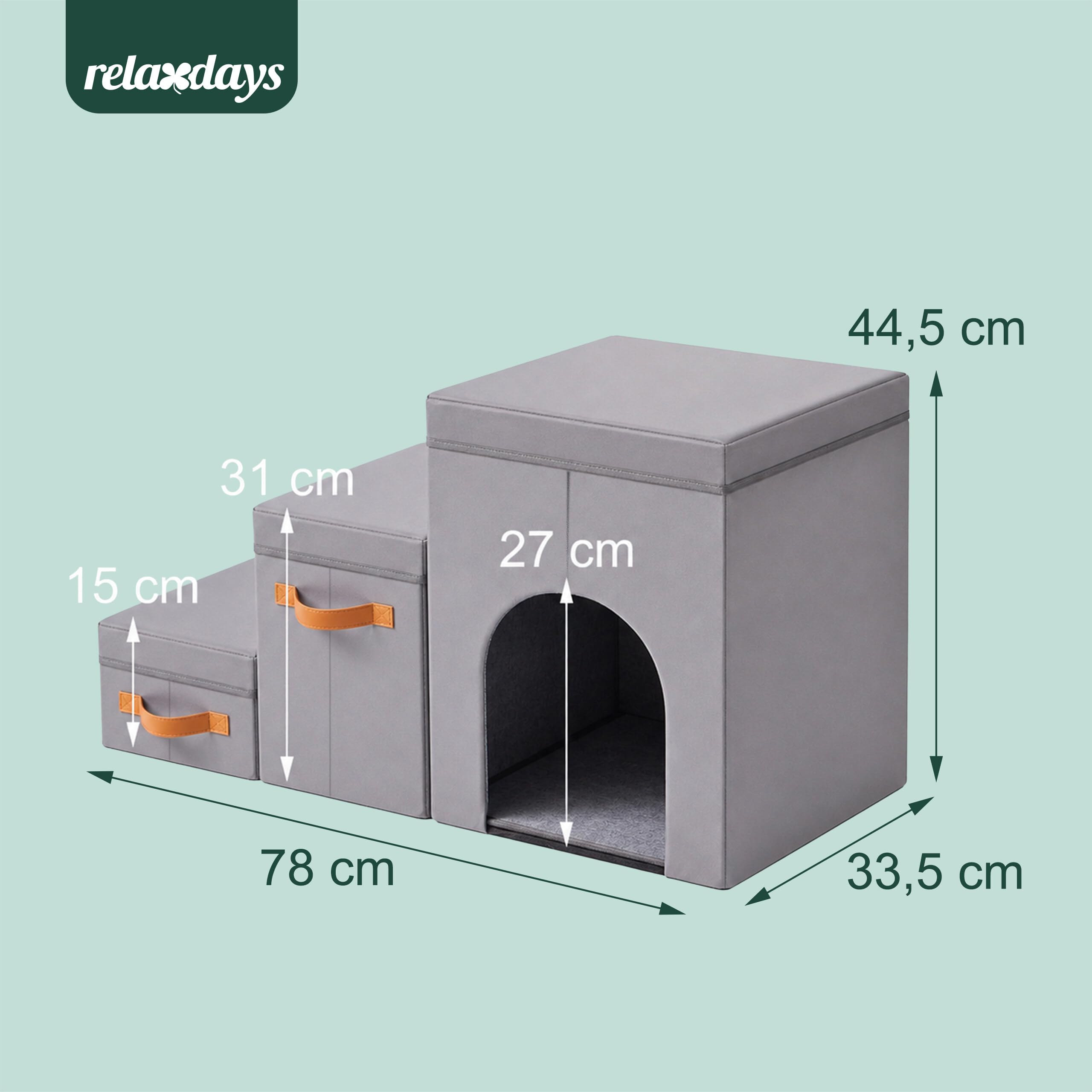 Relaxdays Hundetreppe, 3 Stufen, Höhle & Stauraum, HxBxT: 44,5 x 78 x 33,5 cm, faltbar, Hunderampe Bett & Sofa, grau