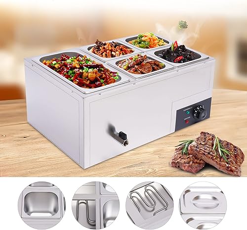 Miniatura 24 de Calentador de alimentos comercial de 6 bandejas con tapas, mesa de vapor eléctrica para calentar alimentos, 600 W, servidores y calentadores 6
