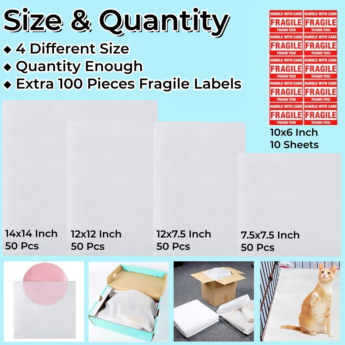 Schaumstoffbeutel, 4 Größen, ideales Verpackungszubehör für Umzug, Transport, Lagerung, Schutz von Geschirr, Gläsern und Porzellan, 200 Stück (35,6 x 35,6 cm, 30,5 x 30,5 cm, 30,5 x 19,1 cm, 19,1 x