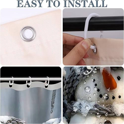 Miniatura 4 de Guiqulai Juego de 2 cortinas de ducha de Feliz Navidad con alfombra antideslizante, decoración de tapete de baño de Navidad, lindo muñeco de nieve