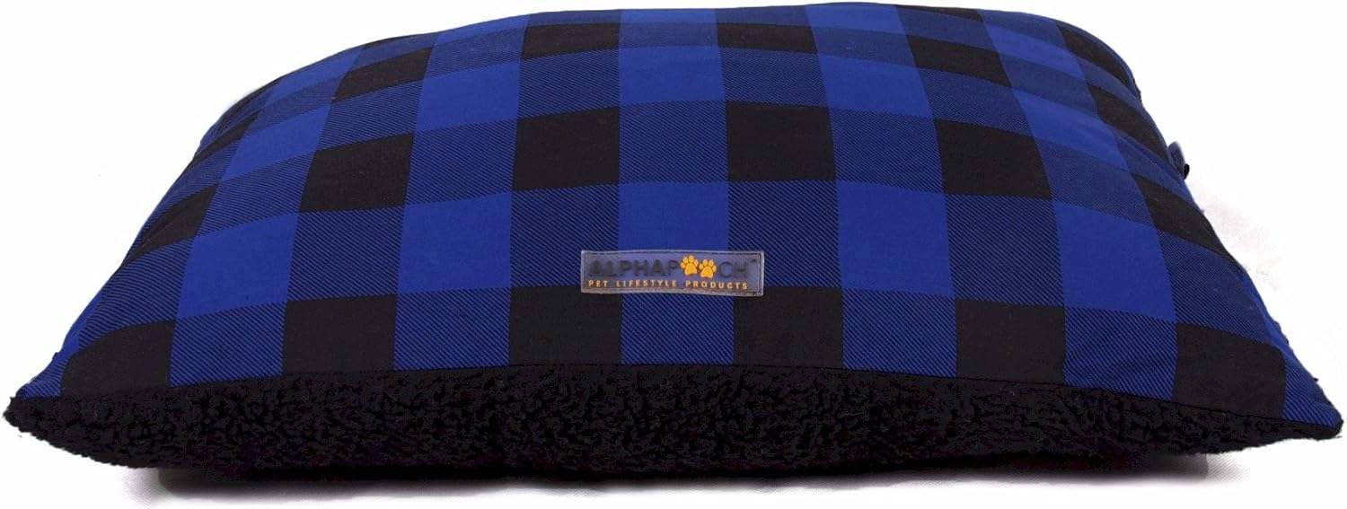 AlphaPooch Softie Rectangular Dog Bed, Blue Check Fabric with Black Fleece, Small