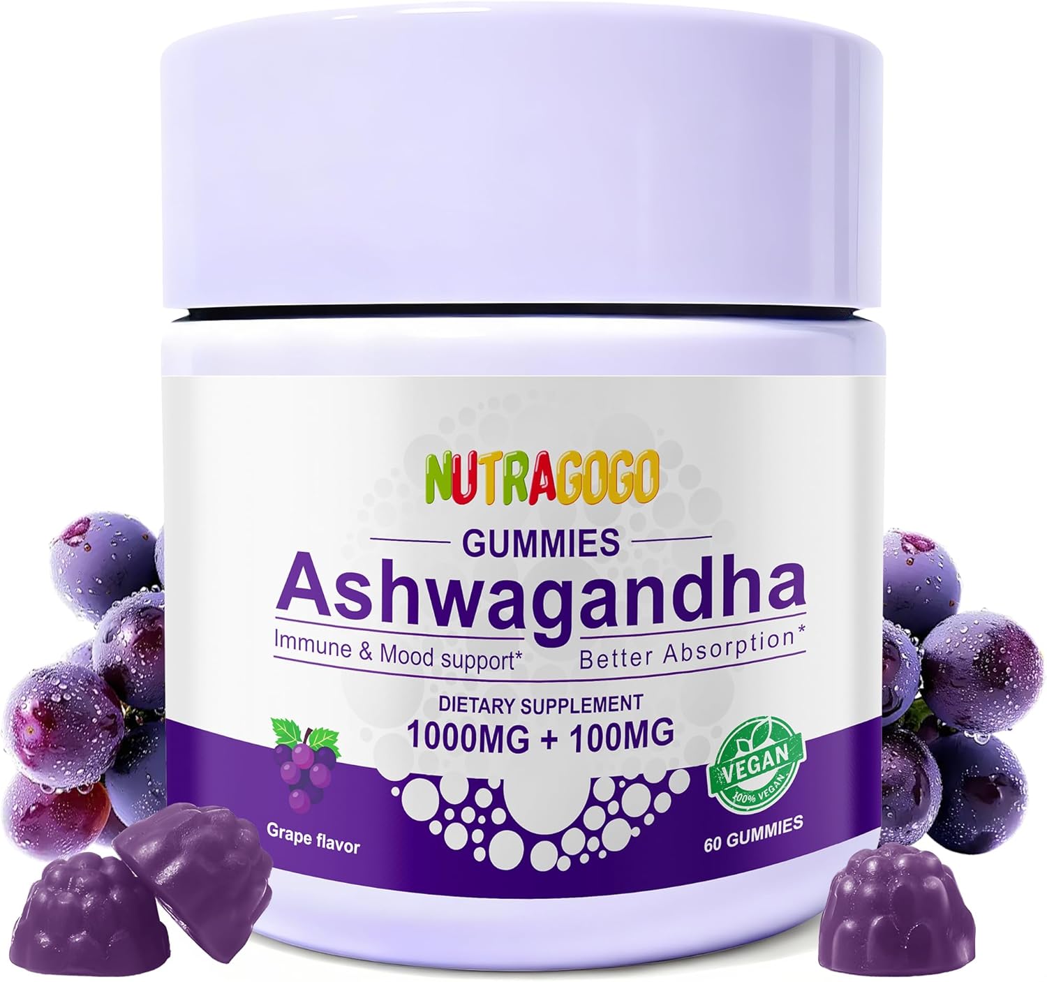 Ashwagandha Gummies & Vitamin D3 Gummies Organic Aswangdha Supplement for Improve Sleep, Stress Relief & Mood Calm (Grape Berry,Non-GMO, Gluten-Free & Sugar Free)-1 Pack
