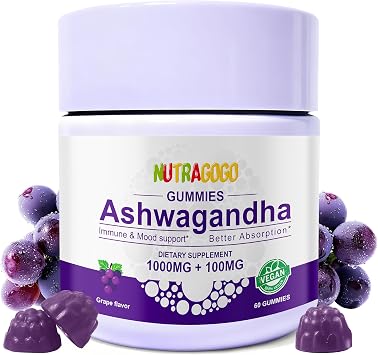 Ashwagandha Gummies & Vitamin D3 Gummies Organic Aswangdha Supplement for Improve Sleep, Stress Relief & Mood Calm Grape Berry,Non-GMO, Gluten-Free & Sugar Free-1 Pack