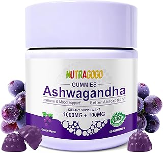 Ashwagandha Gummies & Vitamin D3 Gummies Organic Aswangdha Supplement for Improve Sleep, Stress Relief & Mood Calm (Grape Berry,Non-GMO, Gluten-Free & Sugar Free)-1 Pack