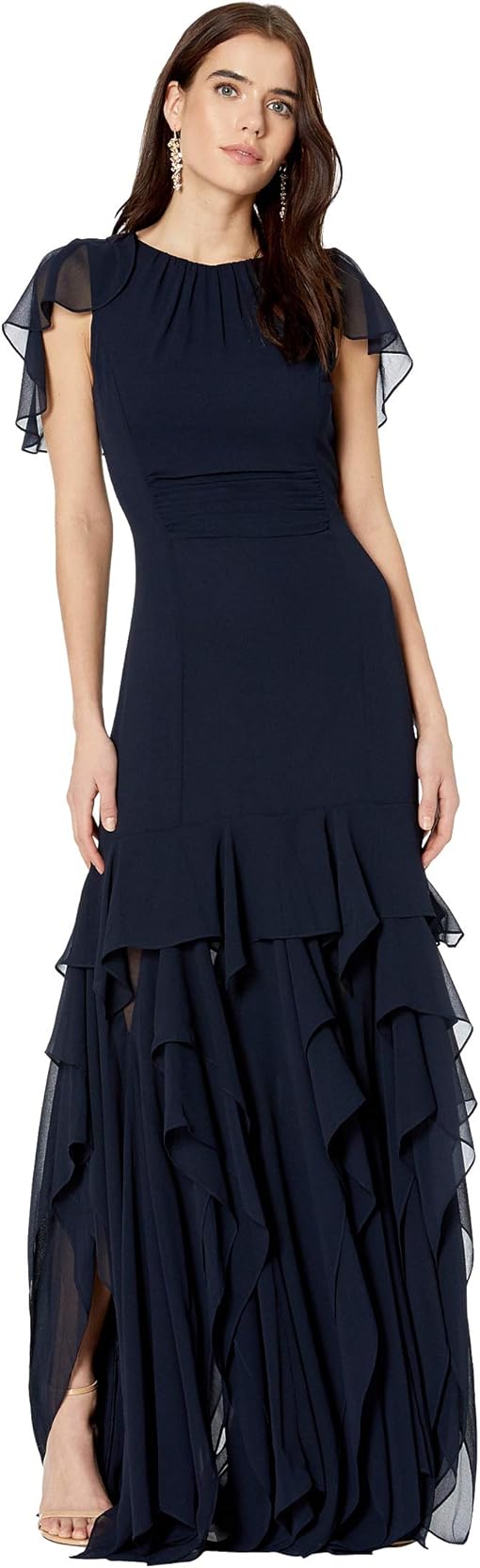 halston heritage black flounce gown