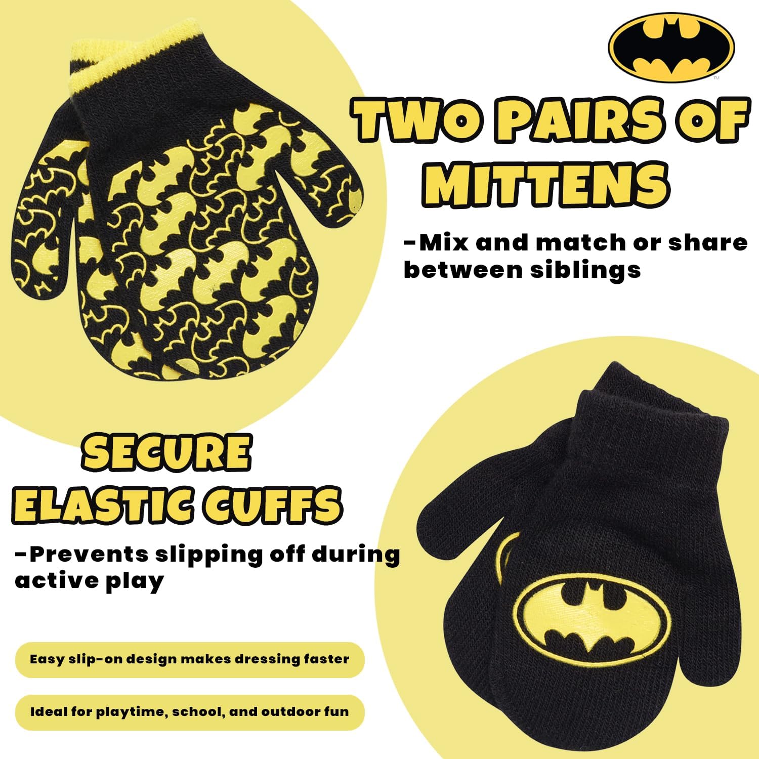 DC Comics Boys Batman Winter Hat 2 Pair Gloves or Mittens Set (Toddler/Little Boys) - Image 4