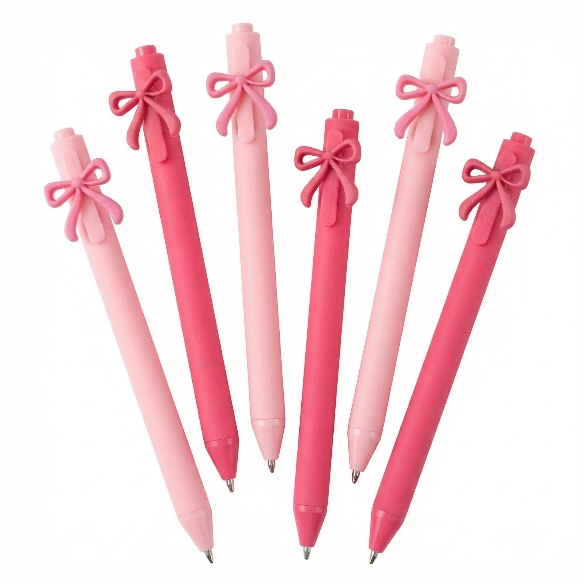 Satiskid 6PCS Pink Bow Pens, 0.5mm Black Ink Retractable Gel Pens, Cute Bow Decoration Writing Pens for Girls Students Journaling Note Taking Office Supplies (Light pink & dark pink)