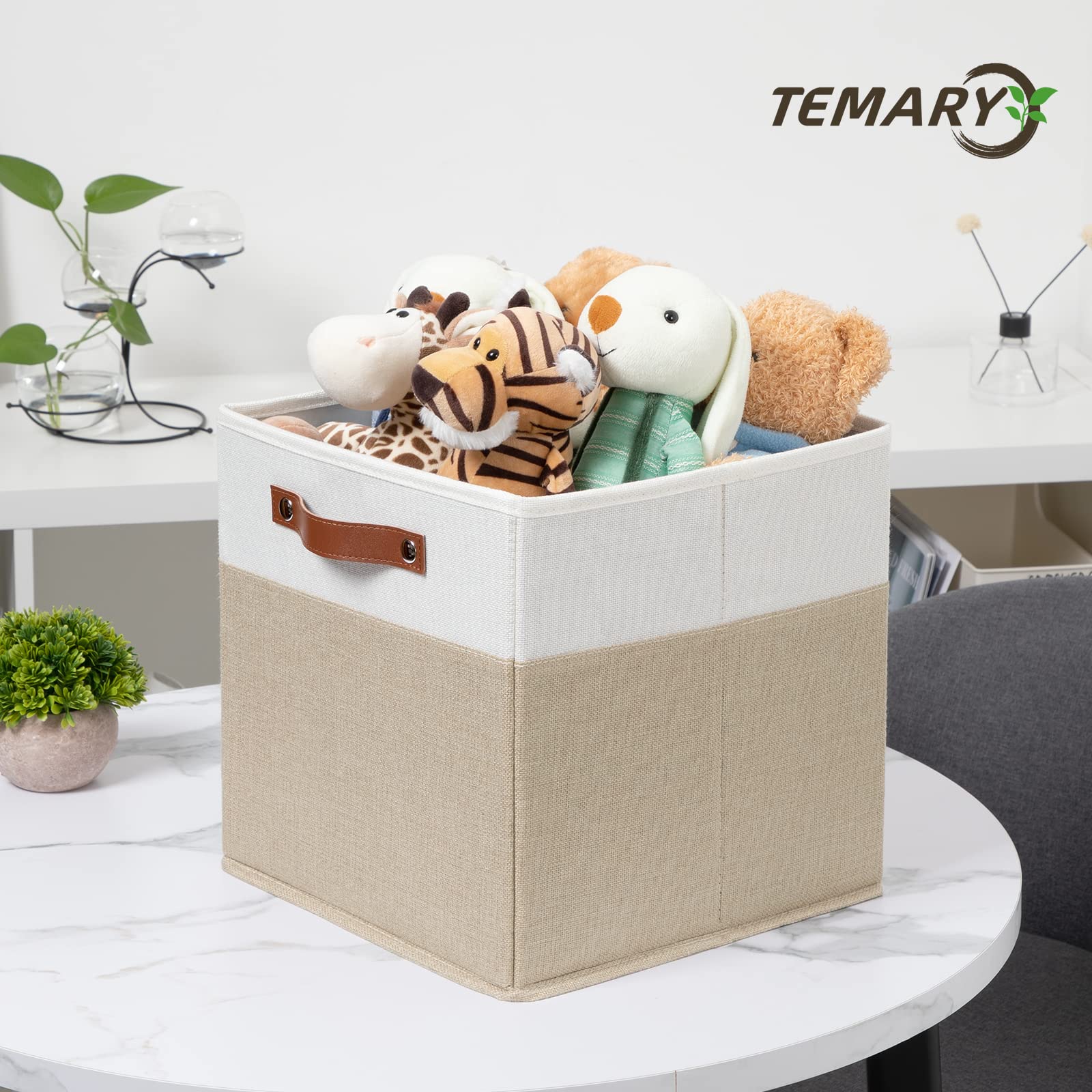 Temary Cubos de almacenamiento de tela, contenedores plegables de 12 pulgadas (paquete de 4) – Cestas de regalo vacías para organizar estantes, armarios, guardería (blanco y caqui)