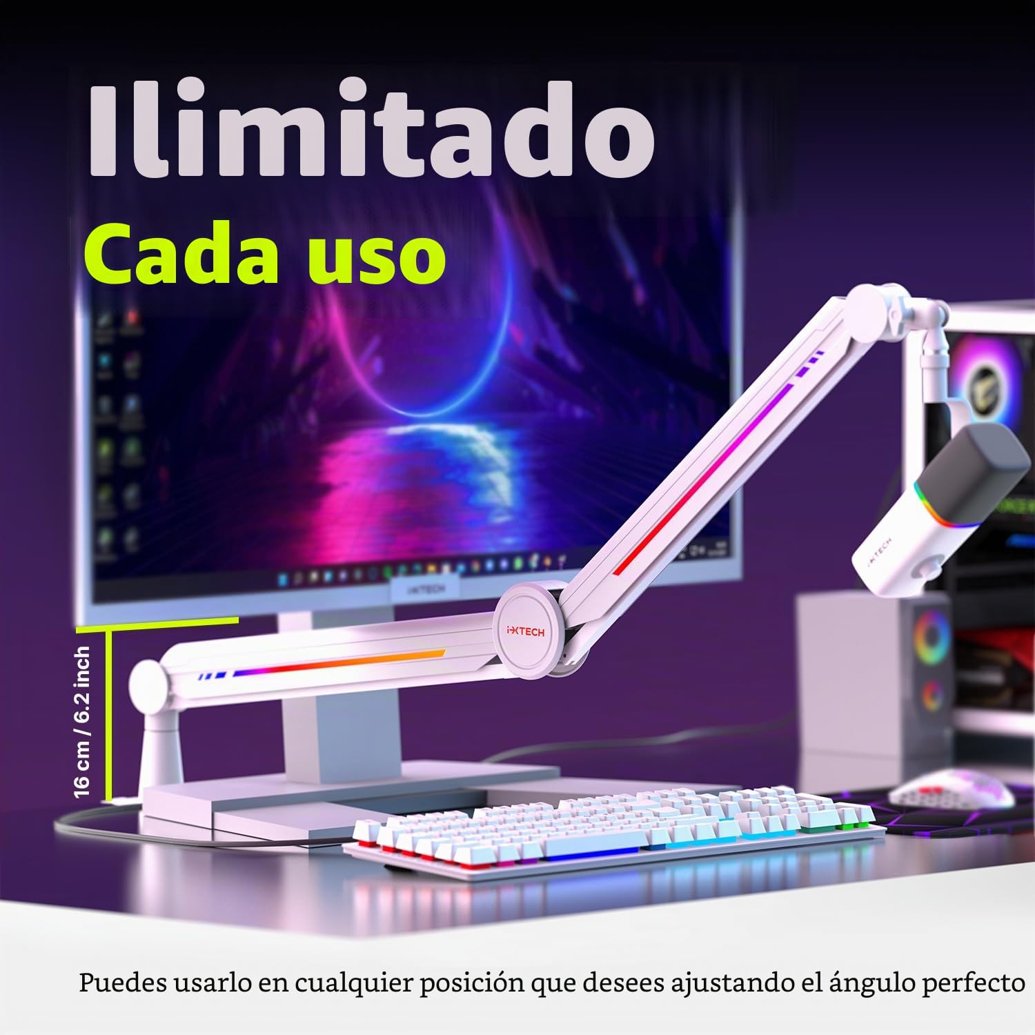 IXTECH Brazo de micrófono RGB de perfil alto, soporte de micrófono de brazo superior para escritorio, soporte de micrófono ajustable con soporte de escritorio, brazo de micrófono para transmisión en