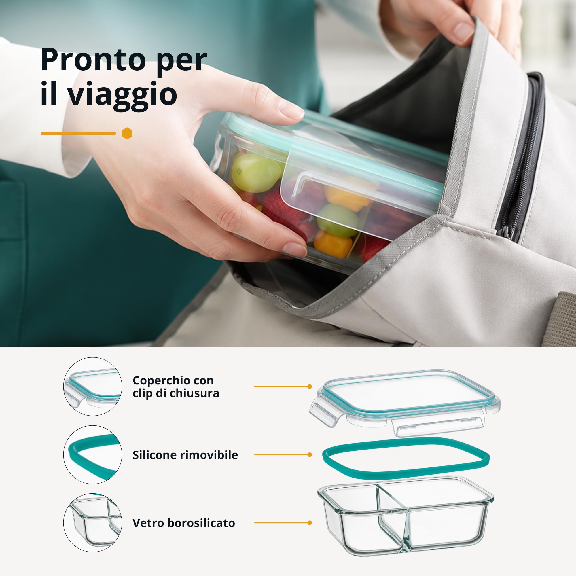 Winter Shore Contenitori Vetro con Coperchio e 2 Scomparti (5 Pezzi) - Bento Box di Qualità Alimentare, Senza BPA, a Prova di Perdite - Set Contenitori Vetro per Microonde, Freezer, Lavastoviglie