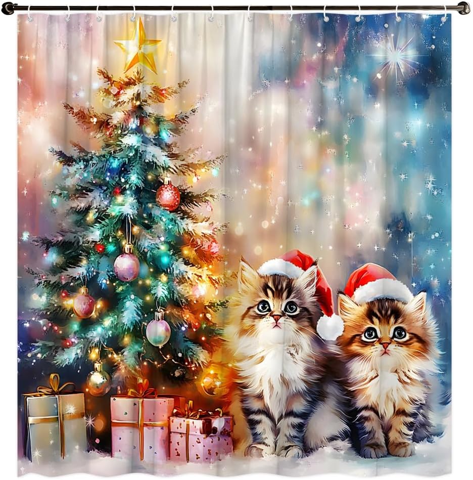 Merry Christmas Shower Curtain Cute Cat and Xmas Tree Farm Animals Winter Snowy Scene Farmhouse Holiday New Year Wildlife Rustic Nature Colorful Background Decor Curtain 90"Wx70"H Polyester Fabric