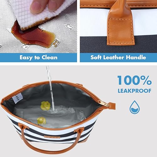 Miniatura 4 de Lekebobor Bolsa de almuerzo para mujer de trabajo, lonchera aislada, bolsa de almuerzo extragrande, apertura amplia, con paquete de cubiertos, rayas