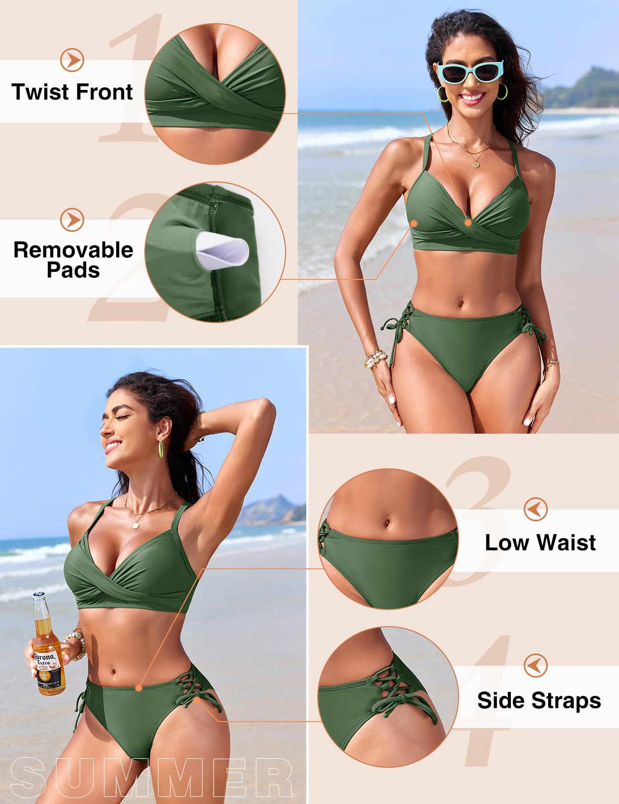 Traje de Baño Mujer Dos Piezas Sexy Push Up con Relleno Conjuntos de Bikini Correas Laterales Braga de Bikini para Playa y Piscina