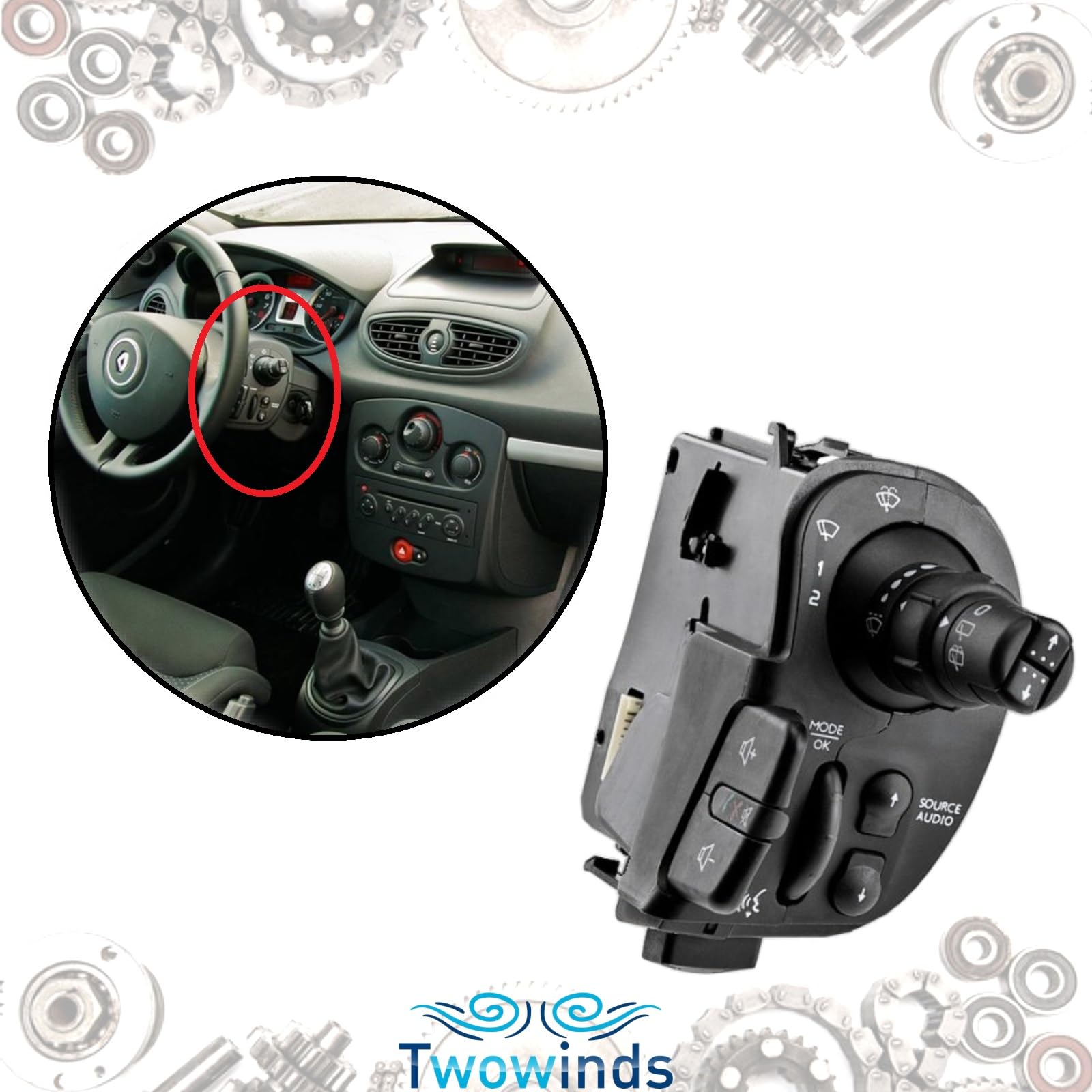 Twowinds - Leva Tergicristallo 8201590631 Compatibile con Renault Clio 3 (2005-2012) Kangoo Modus (2004-2012) - Colonna Sterzo Volante Sinistro (guida) - 7701068115 - Interruttore Radio - Comando