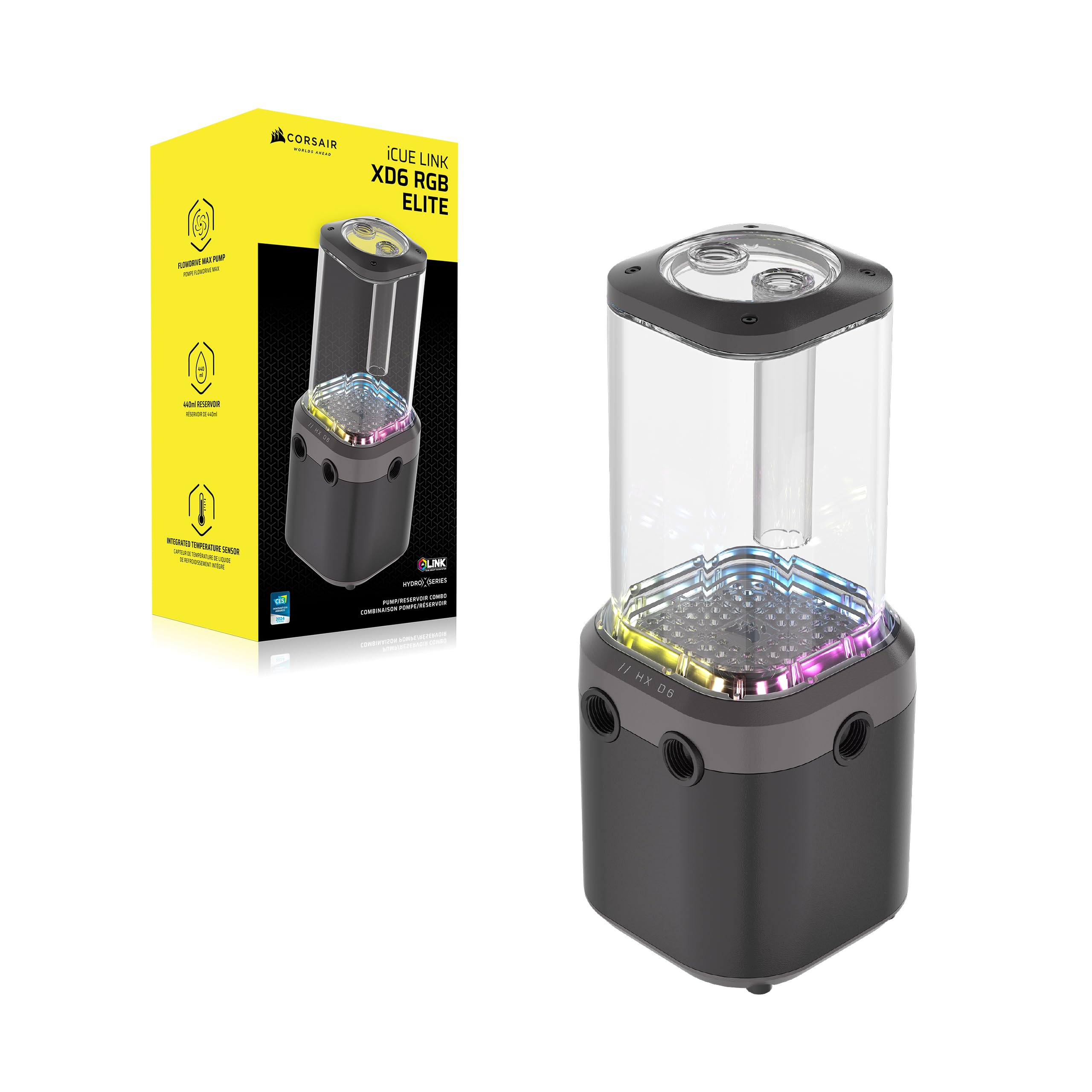 CORSAIR iCUE Link XD6 RGB Elite Pump/Reservoir – Pompe FlowDrive Max, Capteur de Température Intégré, 22 LEDs RGB Adressables, Réservoir 440ml en Nylon Transparent – Gris Furtif