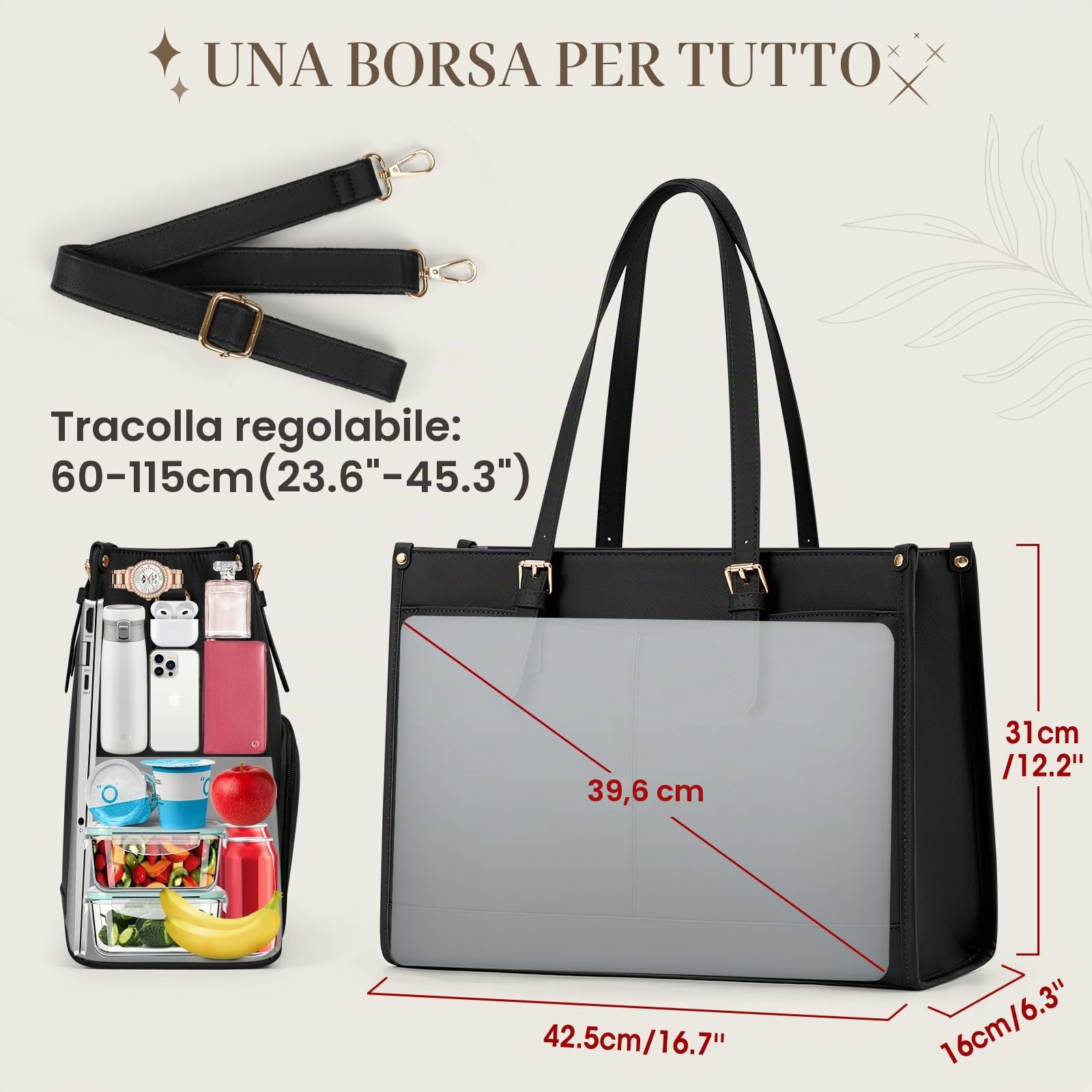RAINSMORE Borsa Lavoro Donna con Scomparto Pranzo Isolato Grande Borsa Porta PC 15.6 Pollici Impermeabile Borse Tote Pelle PU per Università Ufficio Shopper