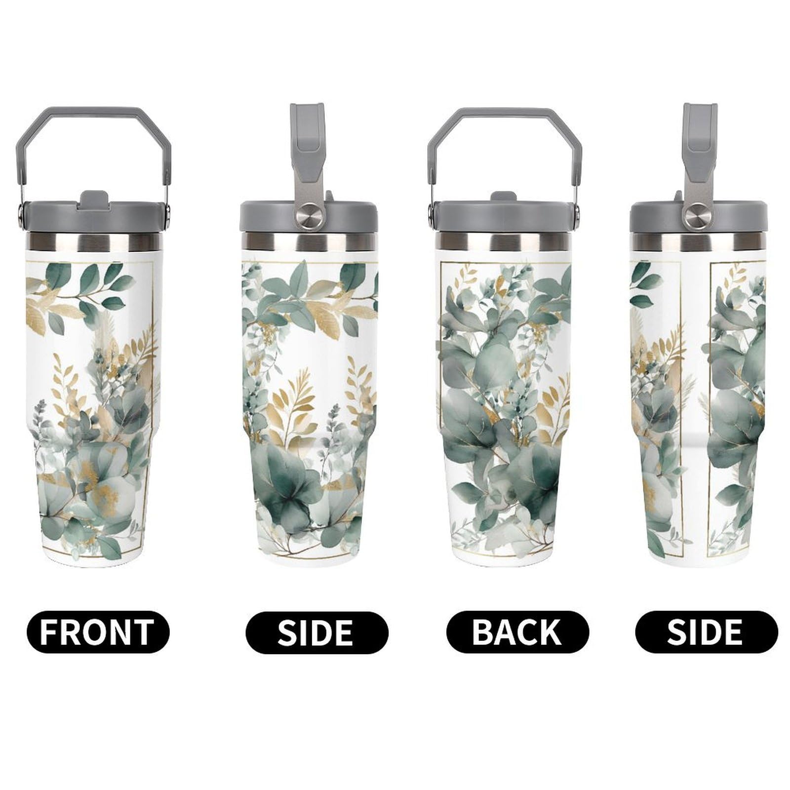 Amazon.com: 30OZ Stainless Steel Tumbler with Handle & Straw Lid - Vacuum  Insulated for 12H Hot/Cold, Tapered Design Fits Car Cup Holders, Gold And  Green Leavesprinting Insulated Cup,Camping & Gym Commute Essenti :