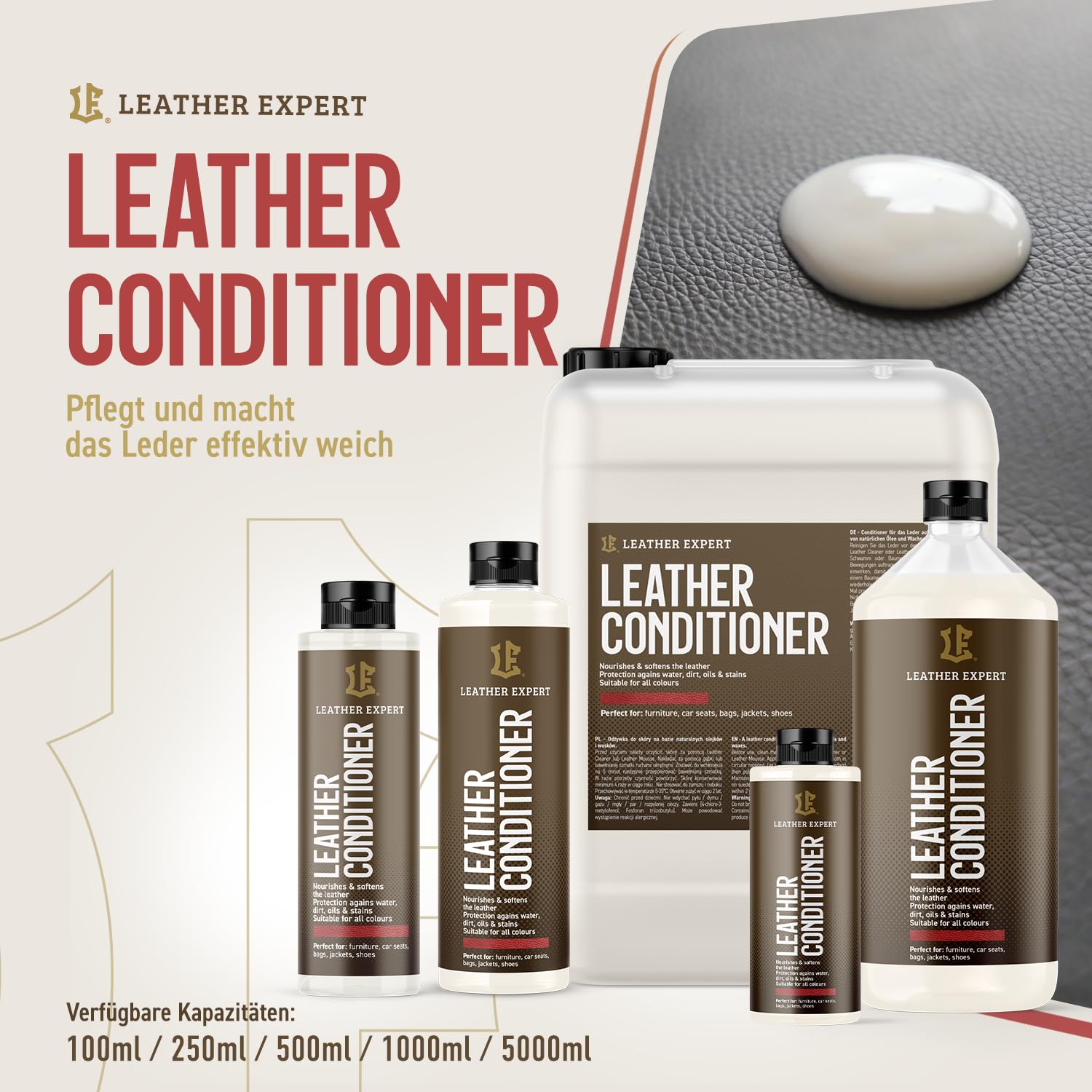 Leather Expert Leather Conditioner 1000 ml | Soin du cuir de qualité supérieure pour voiture et meubles | Nettoyage et entretien pour cuir véritable et cuir synthétique | Nettoyant et entretien pour