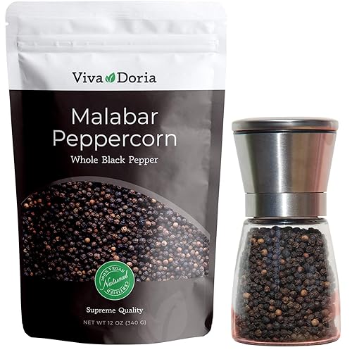 Viva Doria Malabar - Molinillo de pimienta, pimienta negra, pimienta negra, 12 onzas, molinillo de sal y pimienta de acero inoxidable con grosor
