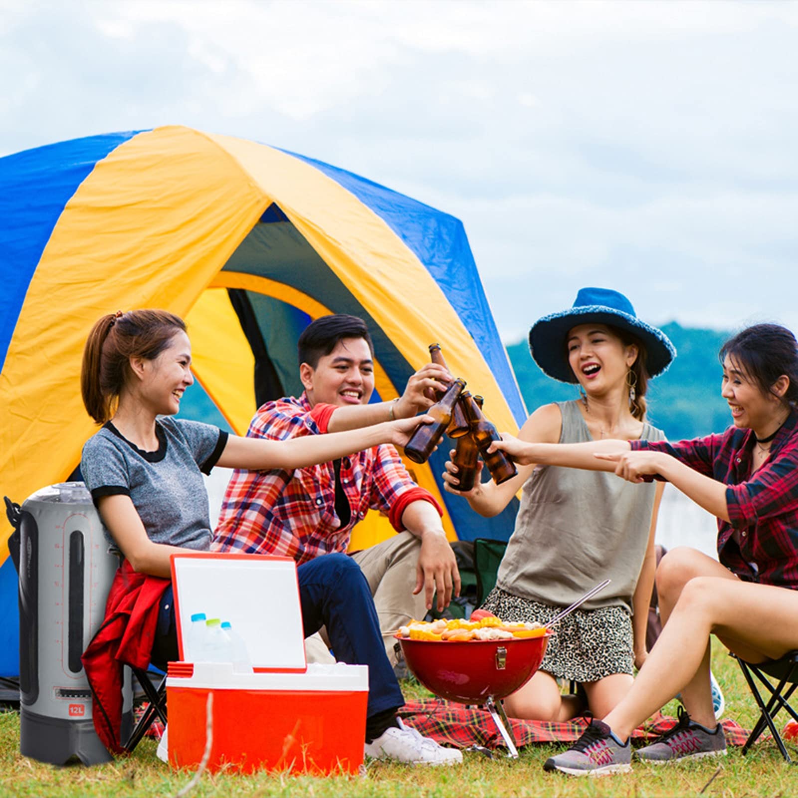 TIM-LI Douche De Camping Portable 12L - Eau Chaude Chauffée À L'énergie Solaire avec Pompe À Pied À Pression, Pommeau De Douche De Camp pour Le Nettoyage Et Le Rinçage