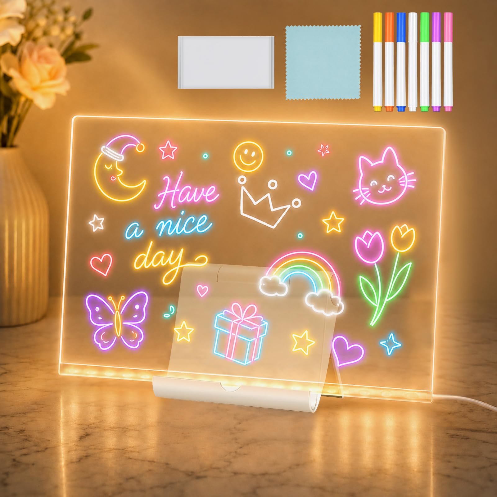 Tablero Acrílico Luminoso LED Mensaje 20x30 cm 7 Colores Bolígrafo Soporte Ajustable