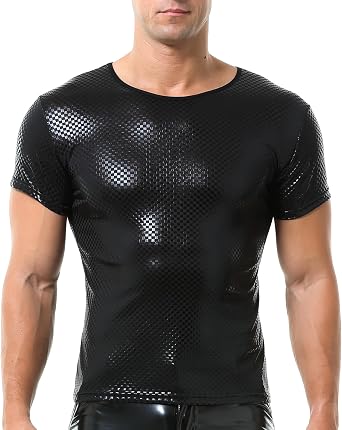 QiaTi Men's Faux Leather Polo Shirts Short Slevees Tops with Zipper Men Muscle Fit Collared Shirts for Casual Men