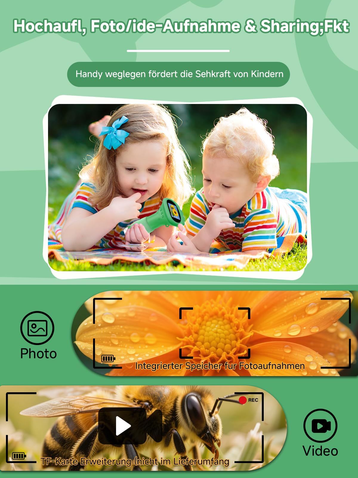 Acoath Mikroskop für Kinder, Digitales Taschenmikroskop mit 2,0" IPS-Bildschirm Lupe 200x Vergrößerung, 8 LED Lights Handy Kindermikroskop für Garten Spielzeug - Grün
