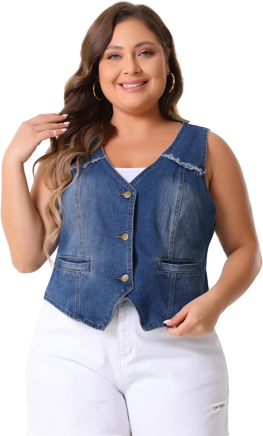 Agnes Orinda Women's Plus Size Denim Vest Sleeveless V Neck Washed Distressed Waistcoat Vests Jean Jackets