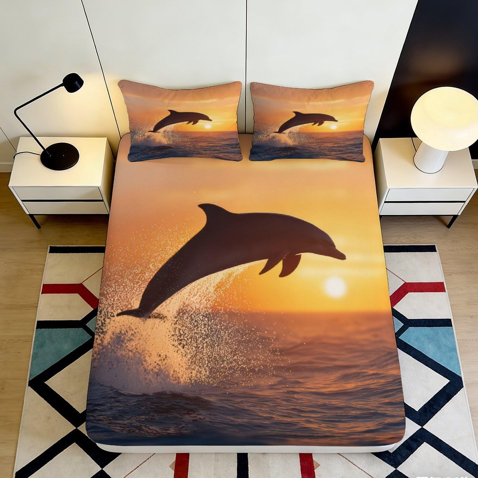 3D Printed Dolphin Sunset Fitted Sheet Microfiber Soft Breathable Ocean Wave Bed Cover for Bedroom Guest Room Decor 90x200x25cm