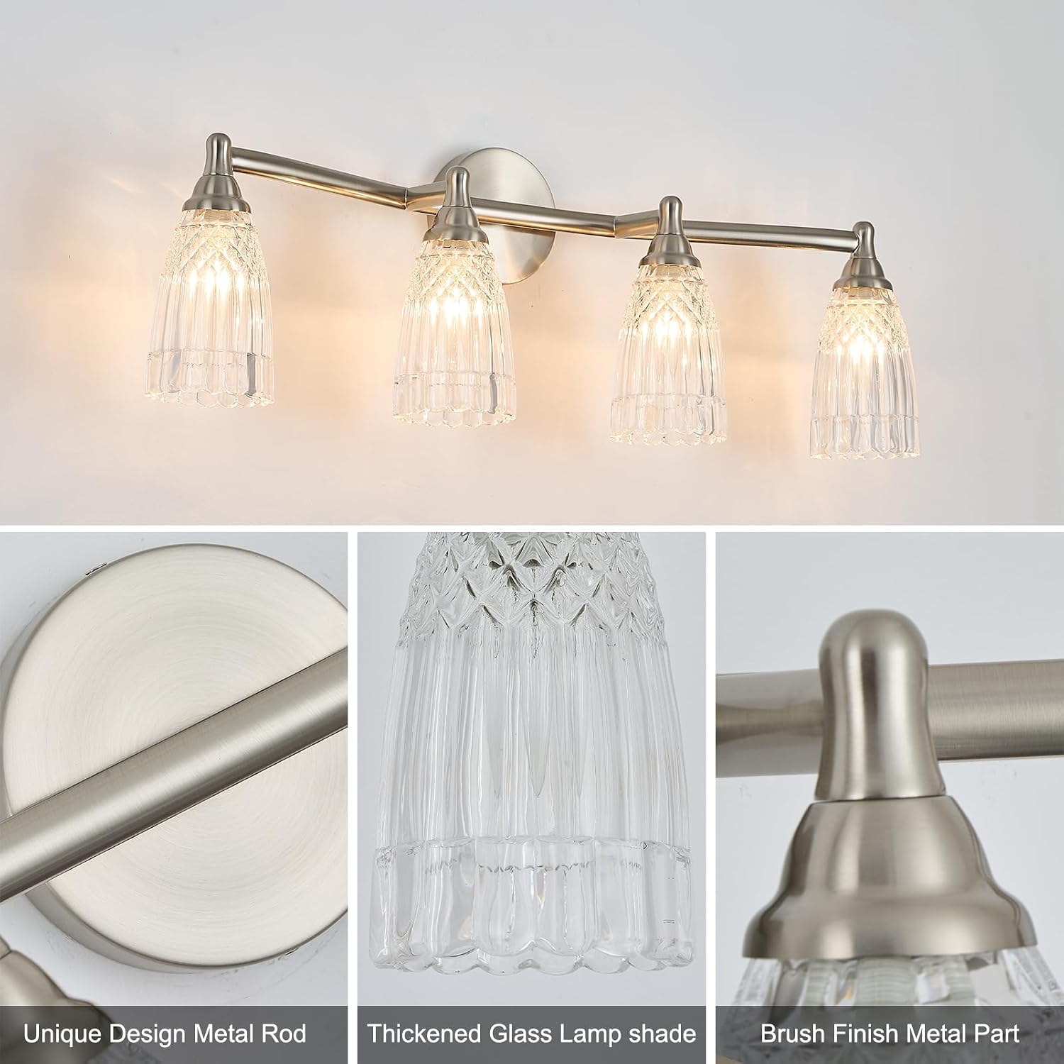 HDDFL Brushed Nickel Bathroom Vanity Light Fixture 4 Lights Modern Glass Wall Sconce for Bedroom Bath Living Room Hallway