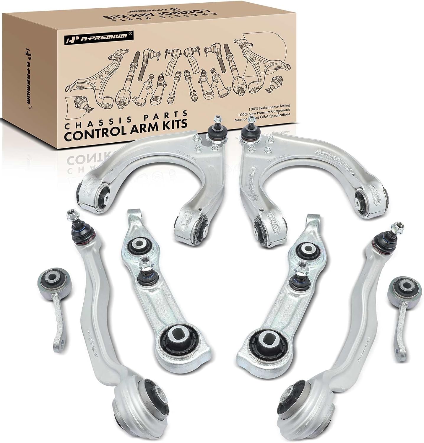 A-Premium Front 8Pcs Suspension Kit, Fit For Mercedes-Benz - 2003-2011 - E320 E350 E550 & CLS500 CLS550 & E55/E63/CLS55/CLS63 AMG, Front Forward Rearward Lower & Upper Control Arm, Sway Bar Link