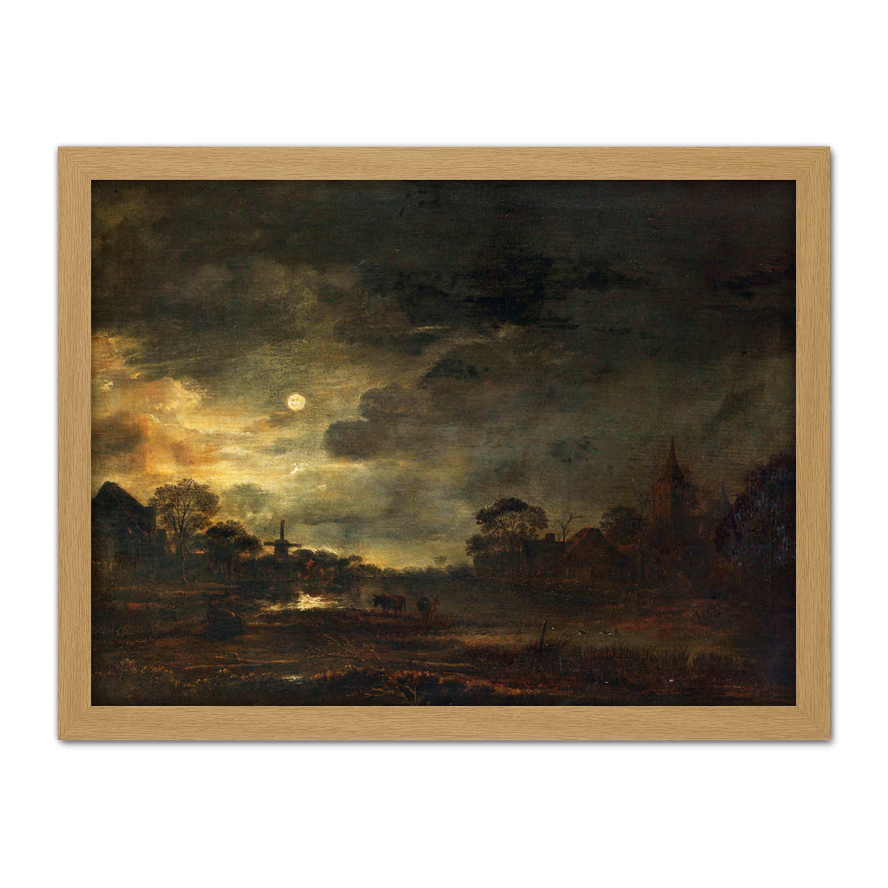 Artery8 Aert Van Der Neer Landscape By Moonlight Painting Artwork Framed Wall Art Print 18X24 Inch