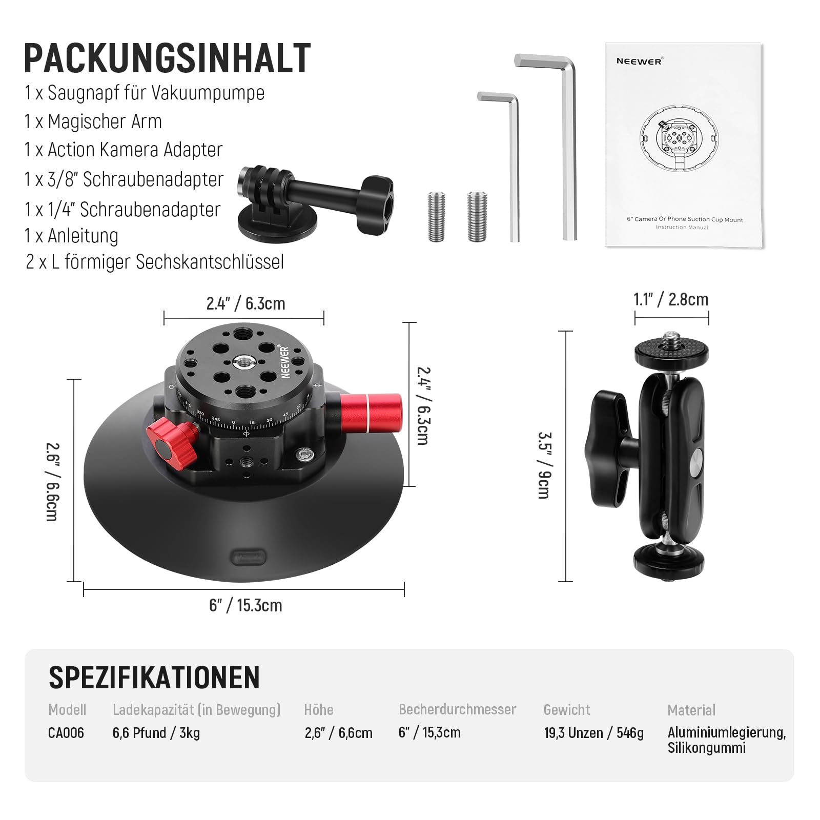 NEEWER 6"/15,2cm Kamera Saugnapf Halterung mit Kugelkopf Magic Arm, Metall Saugnapfhalterung an der Auto Windschutzscheibe für Action Kamera/Handy Halter, mit 1/4“ & 3/8" Befestigungslöchern für ARRI